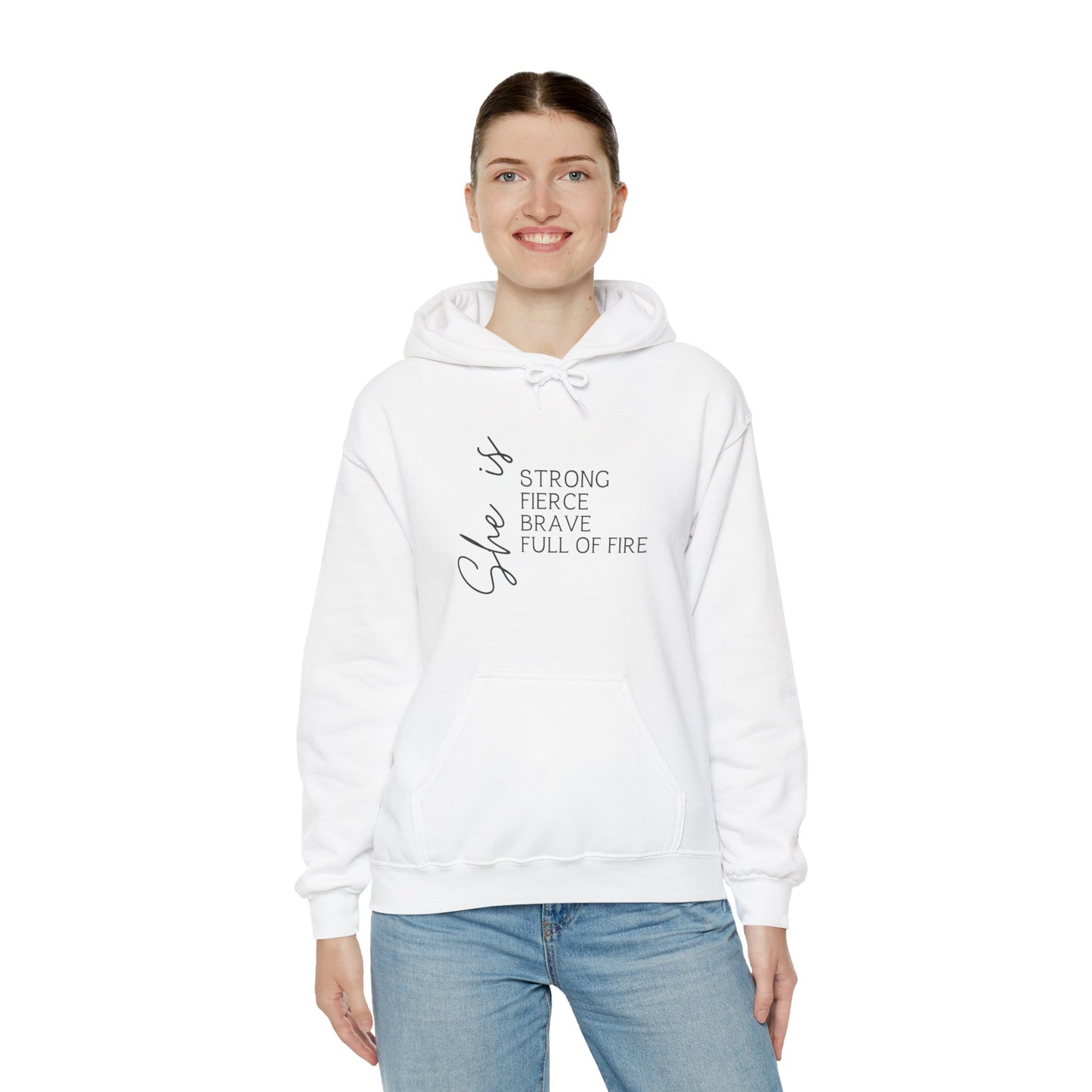 "She is Strong, Fierce, Brave, Full of Fire" - Unisex Heavy Blend™ Hooded Sweatshirt